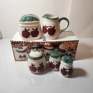 Vintage Alco Apple Garden Ceramic Kitchen Set Creamer Sugar Napkin Salt Pepper